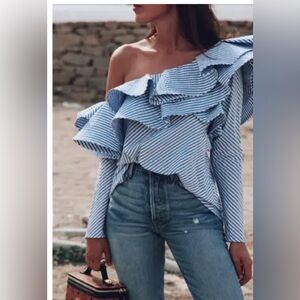 💎NWOT Johanna Ortiz Striped Blue Ruffle One-Shoulder Top